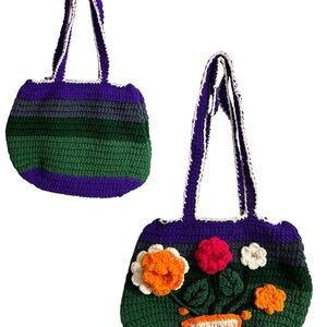 Handcrafted Floral Crochet Bag - Green and Purple